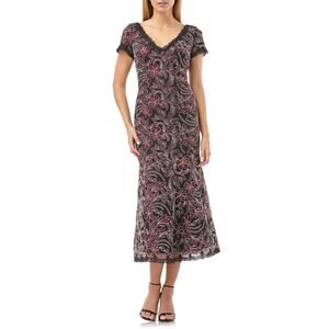 JS Collections Wine Embroidered V-Neck Floral Midi Dress Black Size 4 NWT